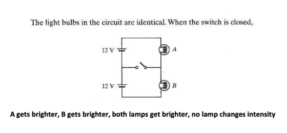 The light bulbs in the circuit are identical. When the switch is closed, 12 V A gets brighter, B gets brighter, both lamps ge