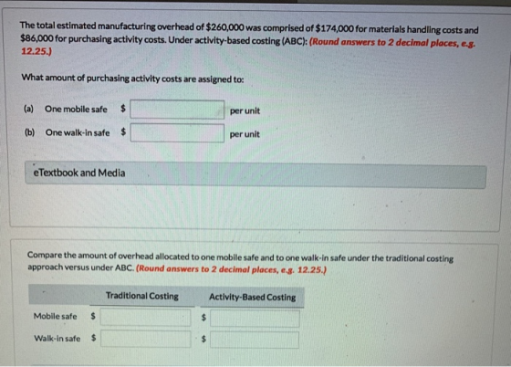 The total estimated manufacturing overhead of $260,000 was comprised of $174,000 for materials handling costs and $86,000 for