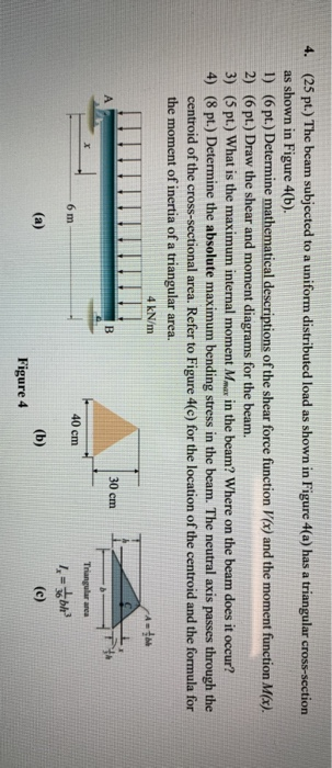 4. (25 pt.) The beam subjected to a uniform distributed load as shown in Figure 4(a) has a triangular cross-section as shown