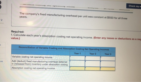 MERA Check my w The companys fixed manufacturing overhead per unit was constant at $550 for all three years. Required: 1. Ca