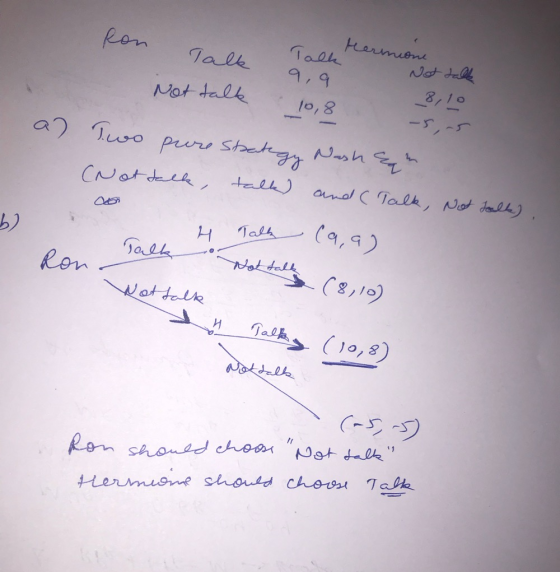 Ron Hermione Talk talk Talk 9,9 10,8 Not talk Not a) Two pure Strategy Nash can Not talk, talk) and ( Talk, Not talk). Talk 4