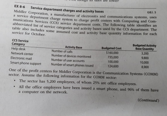 t ugil ils Sales are lower! EX 8-6 Service department charges and activity bases OBJ.3 Middler Corpo Corporation, a manufactu