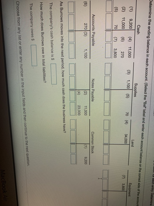 Dolor each entry. Determine Determine the ending balance in each account. (Select the Bal label and enter each account bala