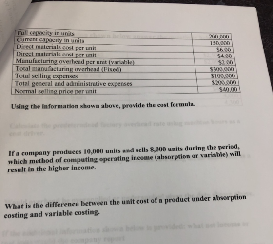 Full capacity in units Current capacity in units Direct materials cost per unit Direct materials cost per unit Manufacturing