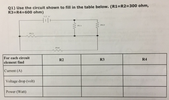 Q1) Use the circuit shown to fill in the table below. (R1-R2-300 ohm, R3=R4 = 600 ohm) 12 V R1 R2 R3 R4 For each circuit element find R2 R3 R4 Current (A) Voltage drop (volt) Power (Watt)