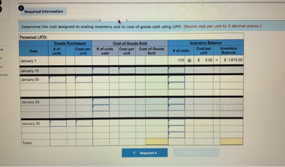 Required information Determine the cost assigned to ending Inventory and to cost of goods sold using LIFO. (Round cost per un