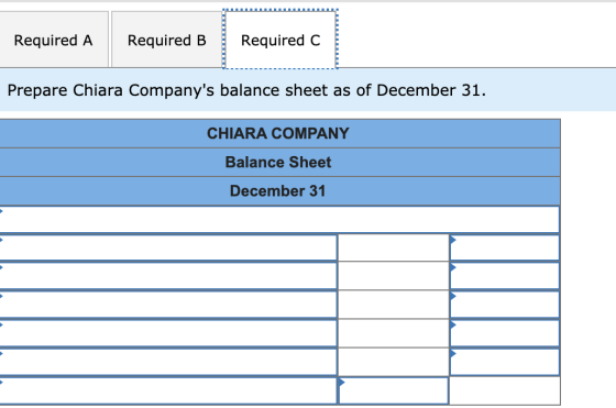 Required A Required B Required C ---------- Prepare Chiara Companys balance sheet as of December 31. CHIARA COMPANY Balance