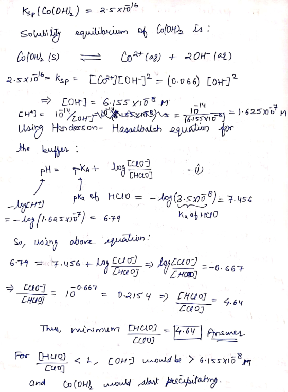 Kr(ColDH) Solubiquitibrium CofoHi Colou (s) Coag) 2OH (ag) 2.5xikspECCOH2(0-0 6 6) [OH] LOH] =6155 yIO M -14 625 x CH И 16-1