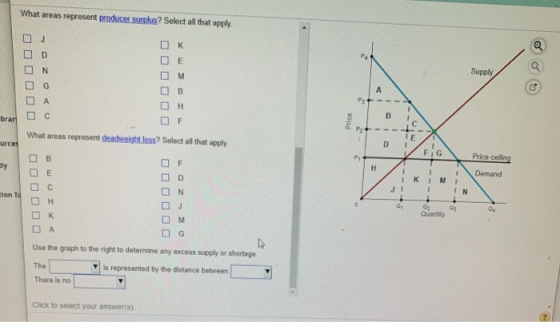 What areas represent producer surplus? Select all that apply. ロロロロロロ OK DE OM 口 OH OF brar Price What areas represent deadwei