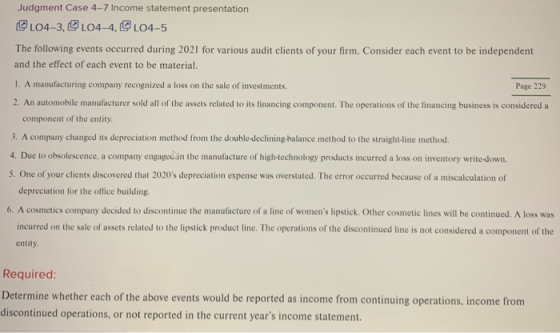 Judgment Case 4-7 Income statement presentation L04-3, L04-4, L04-5 The following events occurred during 2021 for various aud