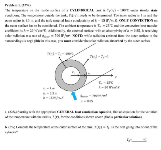Problem 1. (25%) The temperature on the inside surface of a CYLINDRICAL tank is T.(11) = 100°C under steady state conditions.