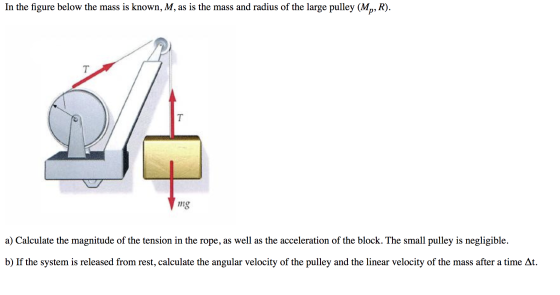 In the figure below the mass is known, M, as is the mass and radius of the large pulley (My, R). mg a) Calculate the magnitud