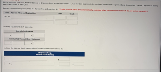 At the end of its first year, the trial balance of Cheyenne Corp. shows Equipment $31,700 and ere balances in Accumulated Dep