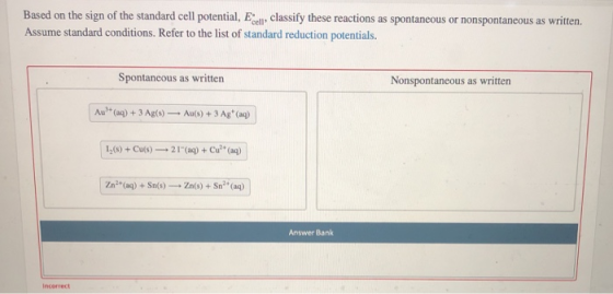 Based on the sign of the standard cell potential, Ecell, classify these reactions as spontaneous or nonspontaneous as written