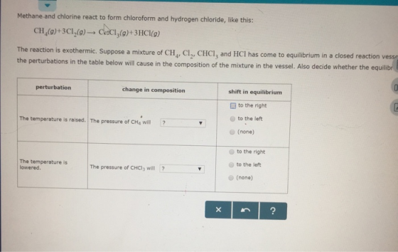 Methane-and chlorine react to form chloroform and hydrogen chloride, like this: CetCl (g)+3HCI(g) CH (g)+3Cl,(@) The reaction