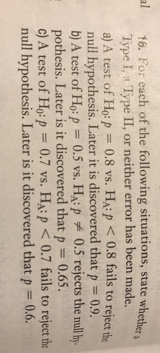 al 16. For each of the following situations, state whether Type 1, Type II, or neither error has been made. a) A test of Ho:p = 0.8 vs. H&P < 0.8 fails to reject te null hypothesis. Later it is discovered that p = 0.9 b) A test of Hop 0.5 vs. HA: p 0.5 rejects the mull hy- pothesis. Later is it discovered that p 0.65. c) A test of Ho:p = 0.7 vs. H&P < 0.7 fails to reject the null hypothesis. Later is it discovered that p = 0.6.