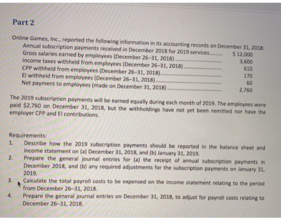 Part 2 Online Games, Inc., reported the following information in its accounting records on December 31, 2018: Annual subscrip