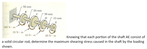 32 mm 24 mm B 20 mm C 15 mm E 180 N m 35 N m 55 N m 20 N m Knowing that each portion of the shaft AE consist of a solid circu