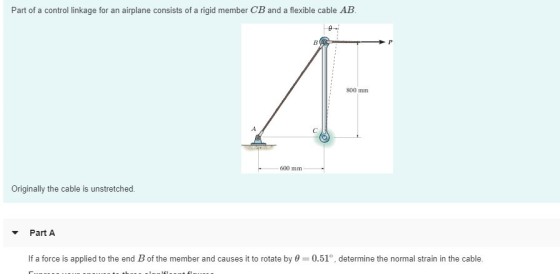 Part of a control linkage for an airplane consists of a rigid member CB and a flexible cable AB 800 mm 600 mm Originally the