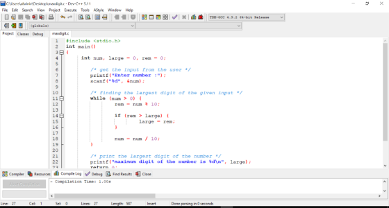 - 2 x * TDM-CCC 4.9.2 64-bit Release CAUsers alsrini Desktop\maxdigit.c - Dev-C++ 5.11 File Edit Search View Project Execute