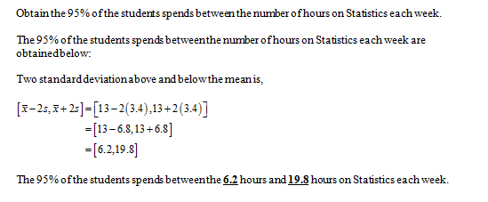 Obtain the 95% of the students spends between the number of hours on Statistics each week. The 95% of the students spends bet