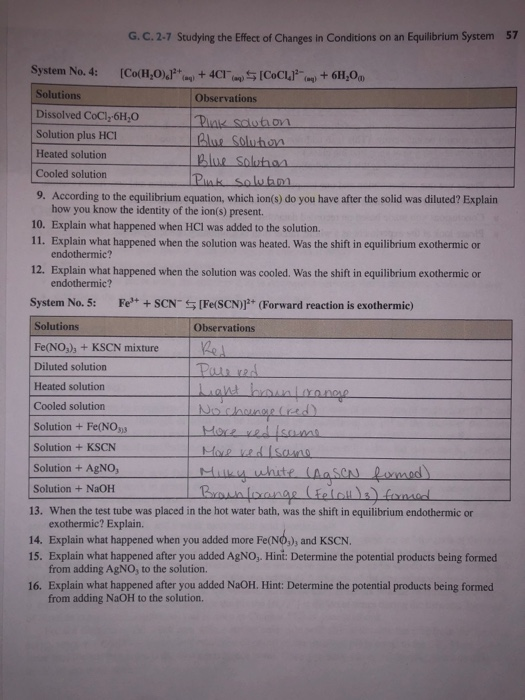 G. C. 2-7 Studying the Effect of Changes in Conditions on an Equilibrium System 57 System No. 4: [Co(H0).J? + 4C 5 [CoCLIC +
