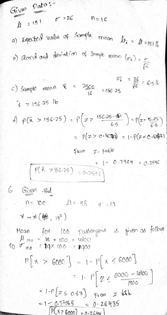 b) stond ard deviation of sample mean (0.). Given Dato:- 26 n=16 l : 191 a) Expeded value of Sample meam li l =15116 6/LE = 2