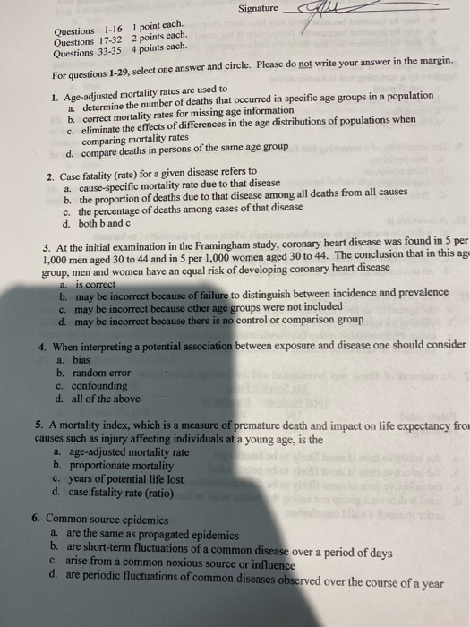 Signature Cou Questions 1-16 Questions 17-32 Questions 33-35 I point each. 2 points each. 4 points each. For questions 1-29,