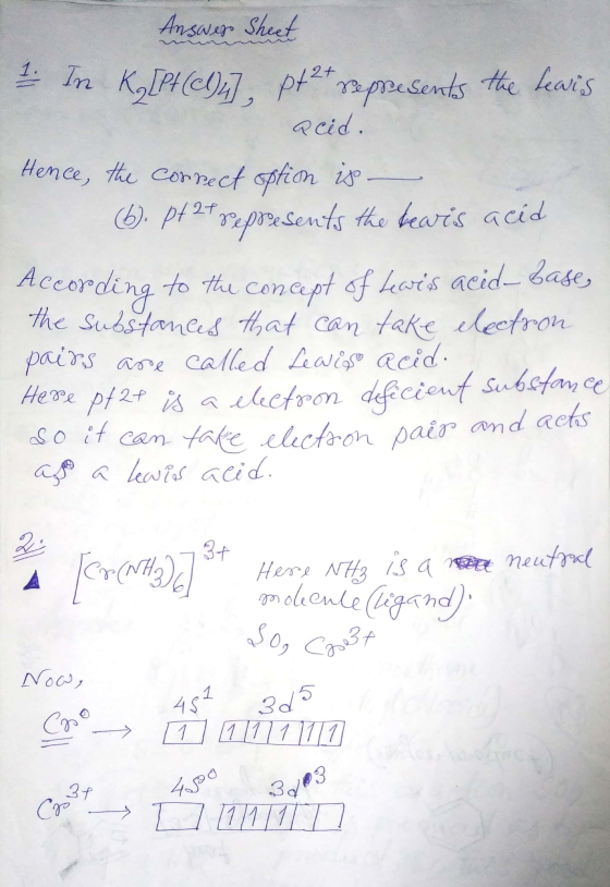 1. In K [P+(94] SO, CBA Answer Sheet represents the Lewis acid. Hence, the correct option iso (6). P424 represents the bearis