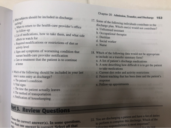 Chapter 20 Admission, Transfer, and Discharge ubjects should be included in discharge 153 What subjects show maching? 17. Som
