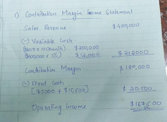 ) Conisibukion Margin loco me Statement sales Revenue $400,000 $ 212000 O Variable costs. (1200 x to conniks) $200,000 (400,0