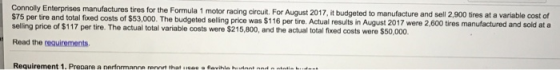 Connolly Enterprises manufactures tires for the Formula 1 motor racing circuit For August 2017, it budgeted to manufacture an