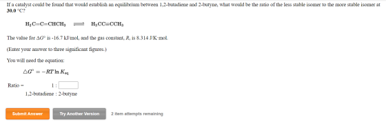If a catalyst could be found that would establish an equilibrium between 1,2-butadiene and 2-butyne, what would be the ratio