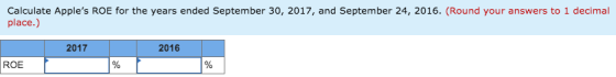 Calculate Apples ROE for the years ended September 30, 2017, and September 24, 2016. (Round your answers to 1 decimal place.