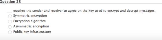 Question 28 -requires the sender and receiver to agree on the key used to encrypt and decrypt messages. Symmetric encryption Encryption algorithm Asymmetric encryption O Public key infrastructure