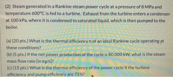 (2) Steam generated in a Rankine steam power cycle at a pressure of 8 MPa and temperature 600°C is fed to a turbine. Exhaust