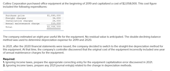 Collins Corporation purchased office equipment at the beginning of 2019 and capitalized a cost of $2,058,000. This cost figur