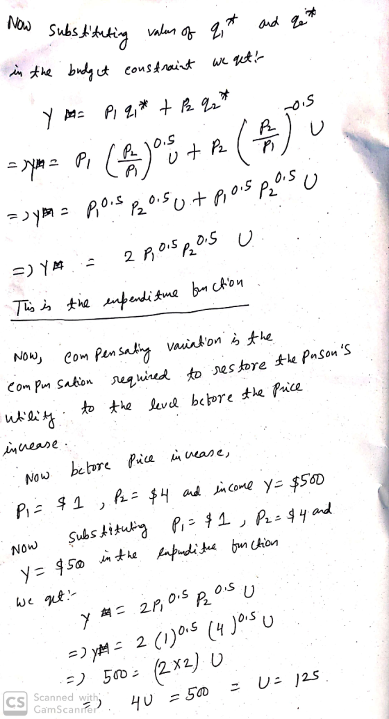 Now substituting valus of qit and quito in the budget constraint we geti . y = pi qi* + p q * Los = Syne Pi C OSTR ( A ) U =>