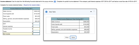 Income statement. Use the data om the following financial statement in he popup window . Complete he partia income statement he company paid interest expense of $17,500 or 2017 and had an overall tax ate of 40% for 2017 Complete the income statement below: (Round to the nearest dollar.) t Year Ending 2017 Sales revenue Cost of goods sold Fixed costs Selling, general, and administrative expenses S360,000 $142,000 $43,400 $28,200 $46,300 Data Table Partial Income Statement Year Ending 2017 EBIT Interest expense Taxable income Taxes Net income Sales revenue Cost of goods sold Fixed costs Selling, general, and administrative expenses Depreciation $360,000 $142,000 S43,400 S28,200 S46,300 Print Done