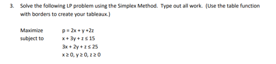 Solve the following LP problem using the Simplex Method. Type out all work. (Use the table function 3. with borders to create