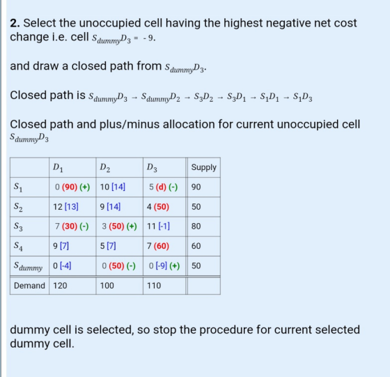 2. Select the unoccupied cell having the highest negative net cost change i.e. cell sdummyD3 - -9 and draw a closed path from StummyD3. Closed path is StummyD3 Sdummy,D2 -S3D2 S3D SD S,D Closed path and plus/minus allocation for current unoccupied cell dummy3 Supply 0 (90) ()10 14] 5 (d) () 90 12 13 9 (14] 7 (30) 3 (50) + 11 -1] 80 9 [7] 4 (50)50 7 (60) 60 5 17] 0 (50) 0 -9 ) 50 100 4 Summy 0 [-4] Demand 120 110 dummy cell is selected, so stop the procedure for current selected dummy cell