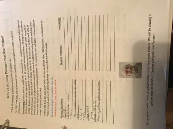 NR226 Nursing Process Practice Patient ted with localized infection d/t spider bite falls, left hip fx lanuary 2017 w/ORIF, Stage II pressure ulcer on coccyx 78 y/o M admitted pneumonia, UT owel sounds hypoactive x4, si 52 present without murmurs, HR Regular, no edema, +3 bilateral radial and pedal. Stage II wound measures 3x2cm with small amount of BP136/78, HR 91, RR 20, Temp 39.0. Pt states that he has an ill wife at pulses home and none of his children live around the area. Pt verbalizes feeling lonely and does not oant to eat much d/t SOB and feeling depressed. Pt constantly uses call ight. Pt has persistent cough, frequent SOB at rest. Orders: 02@ 21 NC, cBC, CMP, ABGs q24 hrs, med nebs PRN, 1800 ADA diet, send culture of coccyx wound, wet-to-dry dressing change on coccyx bid& PRN drainage Underline SUBJECTIVE DATA in blue ink Underline OBJECTIVE DATA in red ink Be ready to create a plan of care for Dobby using the nursing process. We will be drawing a concept map on the board together during the next lecture