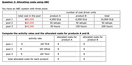 Question 2: Allocating costs using ABC You have an ABC system with three pools number of cost driver units total pool 1 total