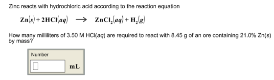 Zinc reacts with hydrochloric acid according to th