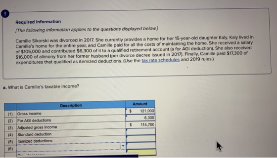 Required information (The following information applies to the questions displayed below) Camille Sikorski was divorced in 20