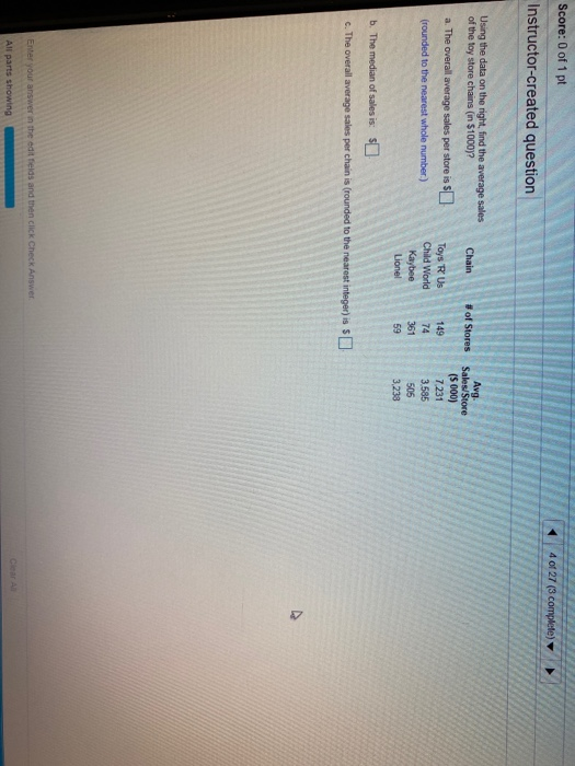 Score: 0 of 1 pt Instructor-created question 4 of 27 (3 complete) Using the data on the night, find the average sales of the