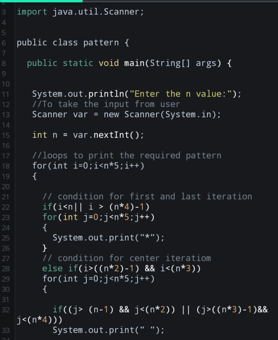 import java.util.Scanner; mt no public class pattern { 00 public static void main(String[] args) { Fam System.out.println(En