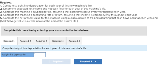 Required: 1. Compute straight-line depreciation for each year of this new machines life. 2. Determine expected net income an