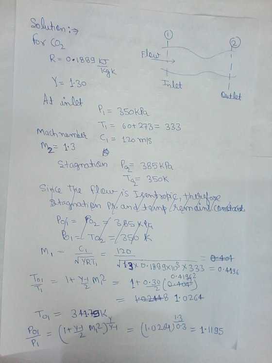 Solution is R=0.1889 KJ Flow Inlet Y= 1.30 At inlet Outlet P = 350kPa Ti = Got 273=333 Mach number C, = 120 m/s My = 1.3 Stag