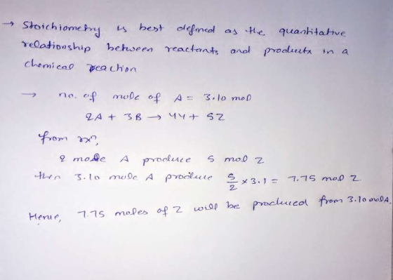 Stoichiometry is best defined as the quantitative relationship between reactants and producte in a chemical peaction - no. of